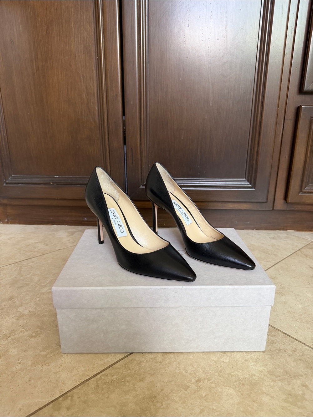 Jimmy Choo Romy 85 Black Leather Pointed Toe Stiletto Pumps